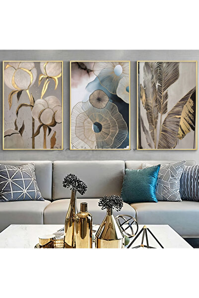 KOLAJTASARIM Elegan Botanik Esinti Üçlü Metal Çerçeveli Tablo Seti