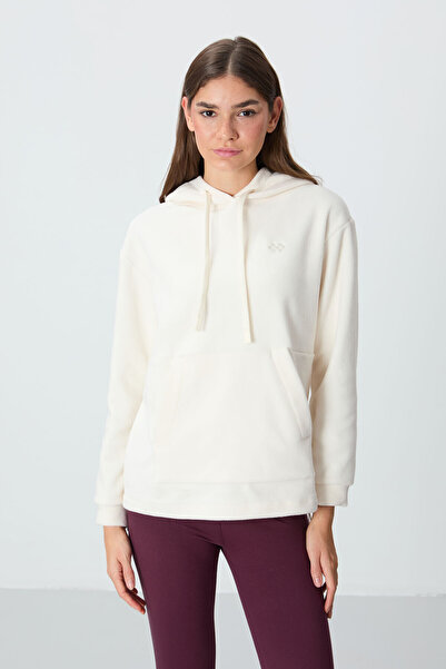 TOMMY LIFE Ecru Thick Soft Textured Hooded Oversize Embroidered Fleece Women'...