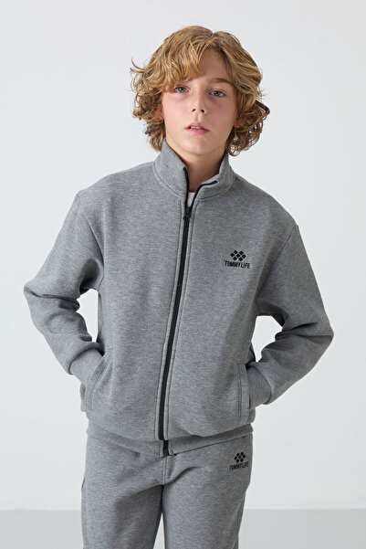 TOMMY LIFE Gray Melange Cotton Thick Fleece Lined Standard Fit Embroidered Boys' Tracksuit Set - 11256