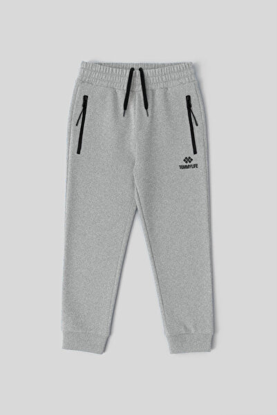 TOMMY LIFE Γκρι μελανζέ με φερμουάρ Standard Fit Slim αγορίστικο παντελόνι - ...