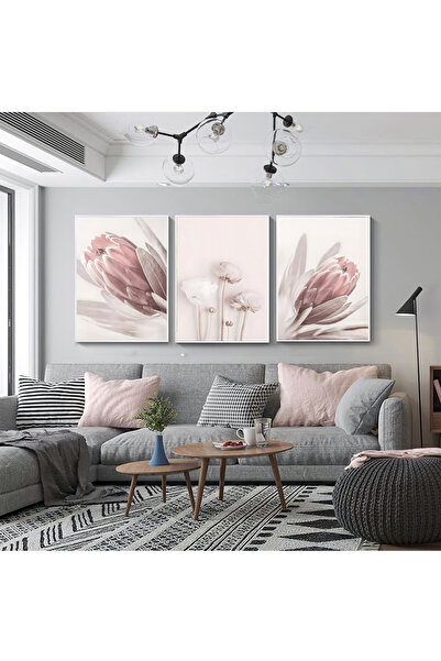 KOLAJTASARIM Modern Çiçekler: Stilize Flora Üçlü Metal Çerçeveli Tablo Seti