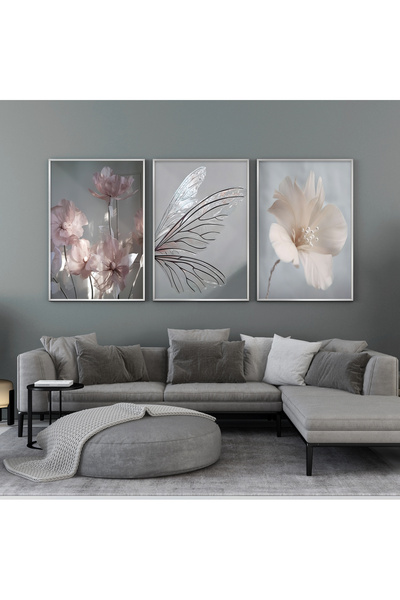 KOLAJTASARIM Doğanın Zarafeti: Çiçek ve Yaprak Motifleriyle Metal Çerçeveli Üçlü Tablo Seti