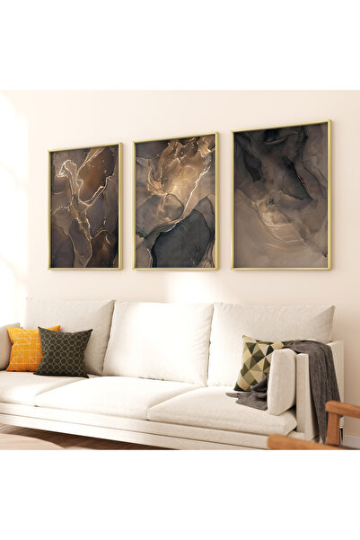 KOLAJTASARIM Altın Döngüler: Karanlık ve Aydınlık Tonlarda Soyut Desenler Üçlü Metal Çerçeveli Tablo Seti