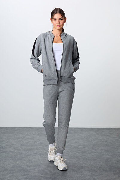 TOMMY LIFE Gray Melange Compact Cotton Thick Smooth Textured Hooded Oversize Fit Women's Tracksuit Set - 95343