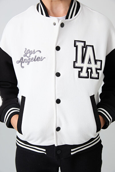 TOMMY LIFE Ecru Cotton Thick Fleece Lined Soft Textured Standard Fit Embroidered Boys' College Jacket - 11258