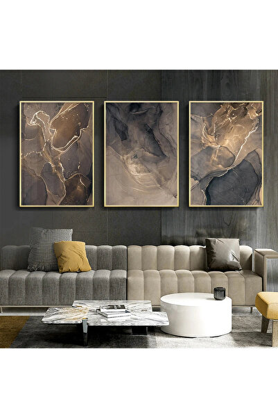 KOLAJTASARIM Altın Döngüler: Karanlık ve Aydınlık Tonlarda Soyut Desenler Üçlü Metal Çerçeveli Tablo Seti