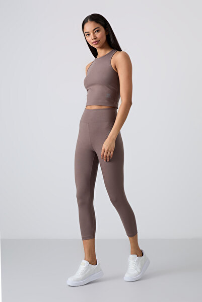 TOMMY LIFE Set cu colanți maro cu talie înaltă Capri-crop pentru femei Slim F...