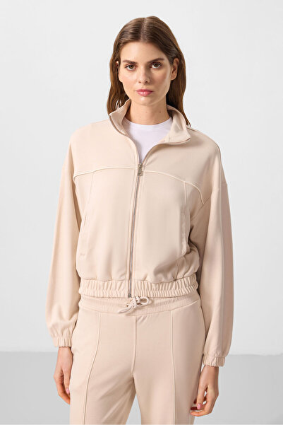 TOMMY LIFE Μπεζ μαλακή υφή γιακάς υπερμεγέθη ελαστική γυναικεία αθλητική φόρμα - 95349
