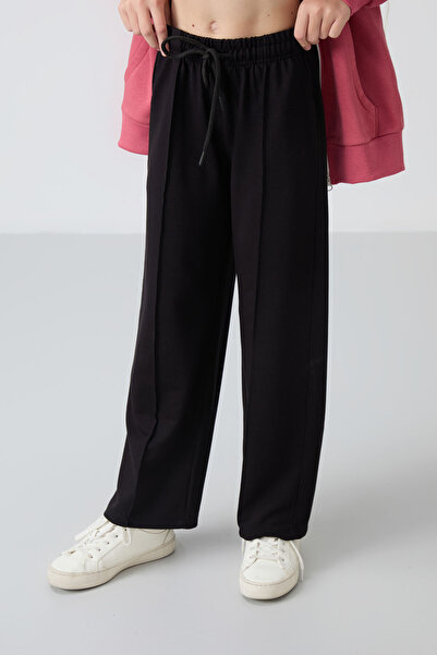 TOMMY LIFE Fekete lány melegítőnadrág széles szárral és elülső varrással -75144