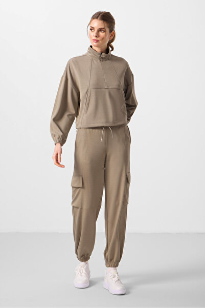 TOMMY LIFE Σκούρο μπεζ μαλακό γιακά με χτένισμα με κρυφό φερμουάρ Oversize γυναικεία αθλητική φόρμα
