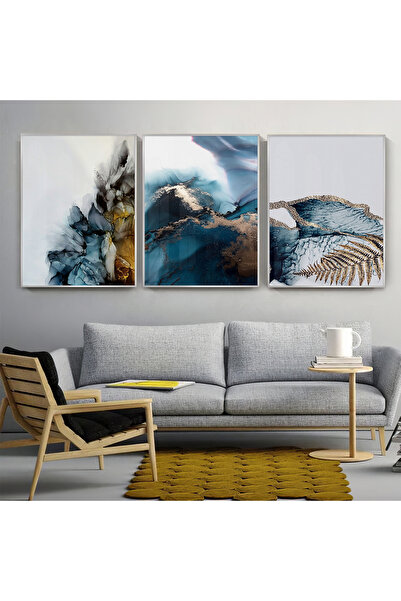 KOLAJTASARIM Akışkan Mavi Rüya Altın Dokunuş Üçlü Metal Çerçeveli Tablo Takımı