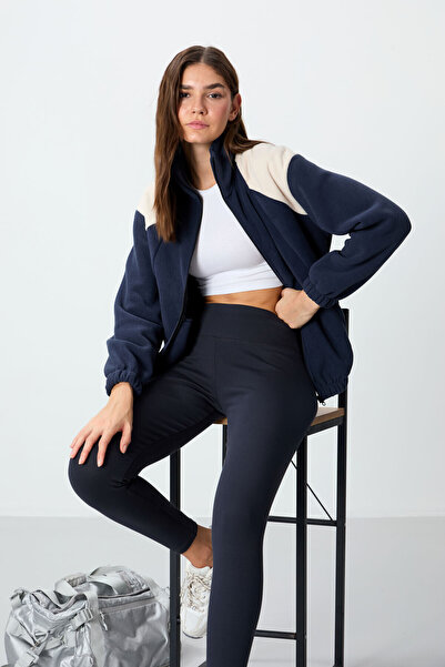 TOMMY LIFE Navy Blue Thick Soft Textured Stand Collar Oversize Embroidered Fl...