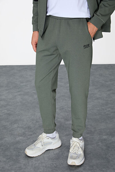 AIR JONES Khaki Embroidered Men's Tracksuit Set - Textured Surface, Standard Fit - 85248