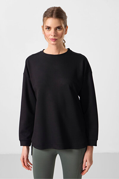 TOMMY LIFE Black Soft Textured O Neck Comfortable Form Women's Tunic Sweatshirt - 97305