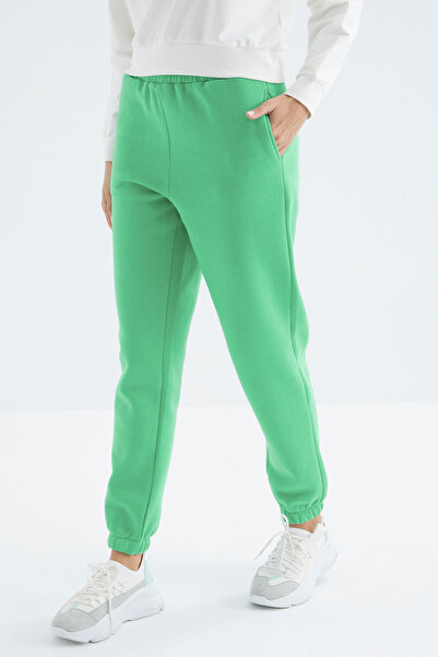 TOMMY LIFE Water Green High Waist Raised 3 Thread Cotton Basic Women's Sweatpants - 94624