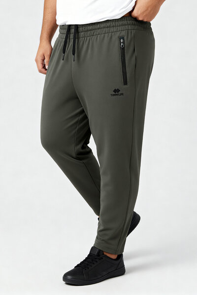TOMMY LIFE Khaki Zippered Classic Leg Oversized Men's Sweatpants - 84947