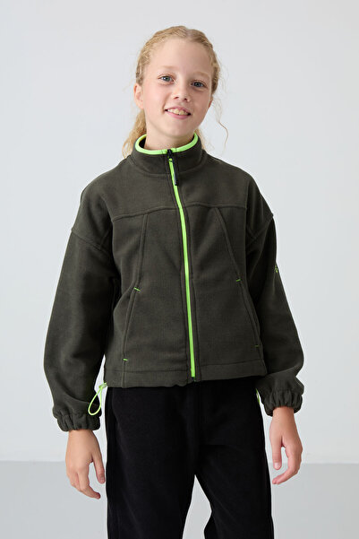 TOMMY LIFE Haki Kalın Yumuşak Dokulu Standart Fit Nakışlı Polar Kız Çocuk Swe...