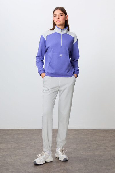 TOMMY LIFE Set de trening supradimensionat din bumbac compact de culoare purpuriu-piatră pentru femei - Guler în picioare Texturat neted - 95342