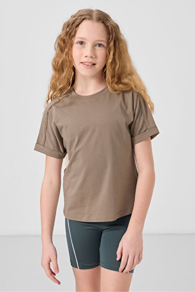 TOMMY LIFE Σκούρο μπεζ βαμβακερό λαιμόκοψη Oversize Fit Basic T-Shirt για κορ...