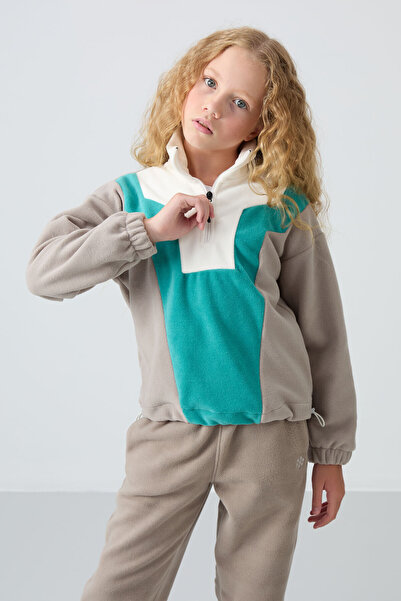 TOMMY LIFE Hanorac supradimensionat pentru fete din fleece - bej închis, brod...