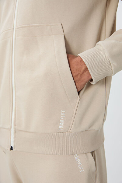 TOMMY LIFE Beige Compact Cotton Thick Smooth Textured Hooded Comfort Fit Men's Tracksuit Set - 85262