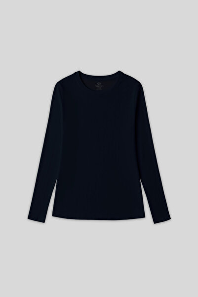 TOMMY LIFE Navy Blue O Neck Standard Fit Long Sleeve Basic Women's T-Shirt - 97312