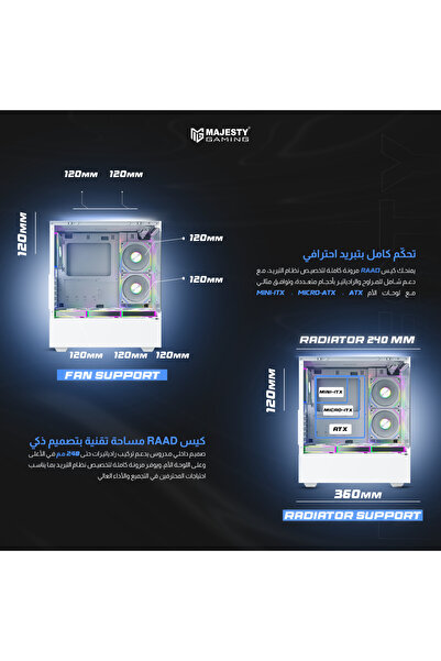 majesty صندوق كمبيوتر ميد تاور رعد - 6 مراوح ARGB ، جهاز تحكم عن بُعد، دعم ATX، منفذا USB، لون أبيض