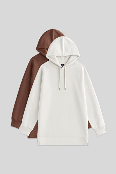 TOMMY LIFE Oversize Kapüşonlu 2li Paket Ekru-Kahverengi Kadın Tunik Sweatshir...