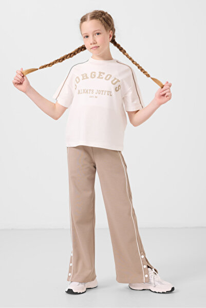 TOMMY LIFE Dark Beige Wide Leg Snap Detail Girls Palazzo Pants - 75199