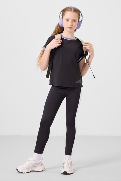 TOMMY LIFE Black O Neck Side Stripe Detailed Standard Fit Performance Girls' Tights Set - 75191
