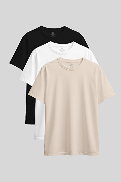 TOMMY LIFE Standard Fit Basic O Neck 3 Pack Black-White-Beige Women's T-Shirt - 97311