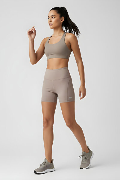 TOMMY LIFE Dark Beige Belt Detailed High Waist Slim Fit Short Biker Women's Leggings - 91017