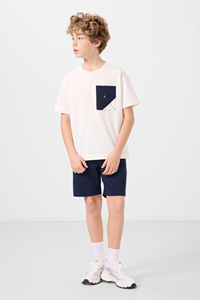 TOMMY LIFE Εκρού-Μπλε Navy Cotton Oversize Fit Υφαντό ελαφρύ εύκαμπτο σορτς Chino Boy - 11278