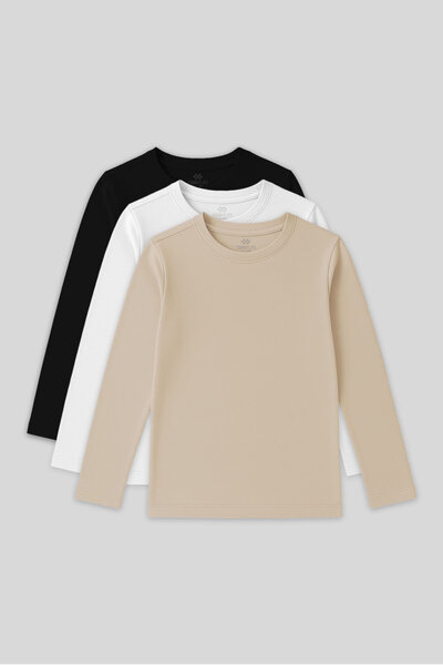 TOMMY LIFE Standart Fit Basic O Yaka 3lü Paket Siyah-Beyaz-Bej Unisex Çocuk T...