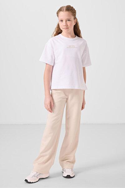 TOMMY LIFE Λευκό-μπεζ με στάμπα με φαρδύ πόδι Standard Fit Girl's Palazzo Tracksuit Suit - 75171