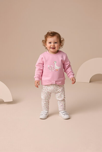 Minipodyum Kız Bebek Ördek Baskılı Beli Fiyonklu Taytlı İkili Takım