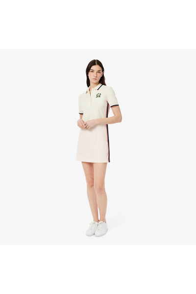 Lacoste Kadın Slim Fit Kısa Kollu Polo Yaka Renk Bloklu Krem Elbise
