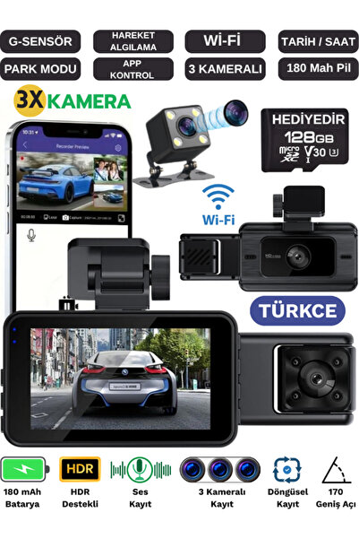 SONREİR S15 Wi-Fi Araç İçi Güvenlik Kamerası 3 Kameralı 128GB Dahil IR Gece Görüşü Ön-Arka-İç Kayıt DashCam