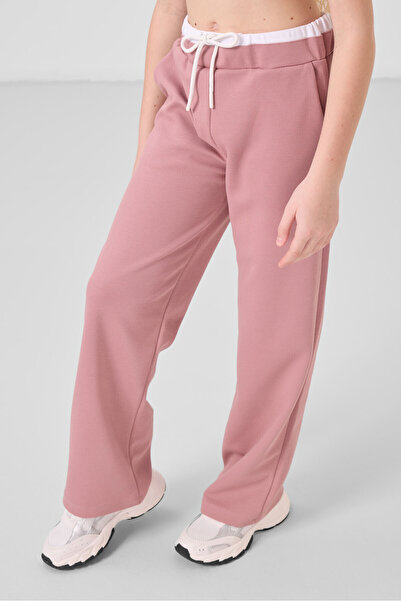 TOMMY LIFE Λευκό-τριαντάφυλλο με στάμπα με φαρδύ πόδι Standard Fit Girl's Palazzo Tracksuit Suit - 75171