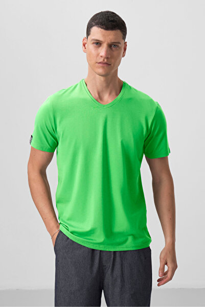 TOMMY LIFE Neon Green Basic Short Sleeve Standard Fit V-Neck Men's T-Shirt - 87912