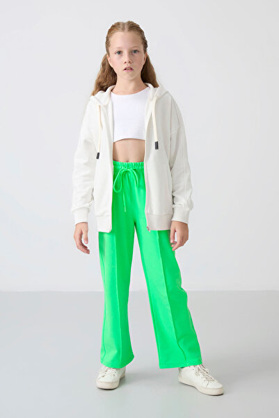 TOMMY LIFE Neon Green Wide Leg Girls' Sweatpants with Pocket Front Stitching Detail -75144