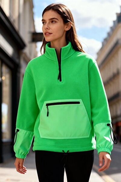 TOMMY LIFE Neon Green Hem Gathered Half Zipper Oversized Women's Fleece Sweatshirt - 97238