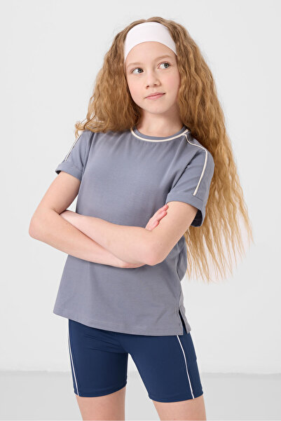 TOMMY LIFE Tricou pentru fete de bază, albastru închis, cu decolteu O, cu cro...