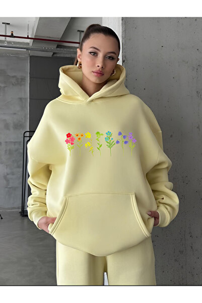 vikitekno Women's Hooded Colorful Flowers Printed Oversized Sweatshirt Yellow