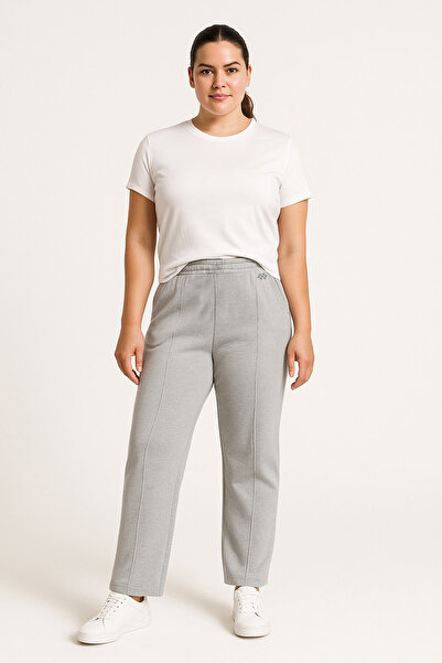 TOMMY LIFE Gray Melange Wide Leg Oversized Women's Sweatpants with Front Seam Detail - 94654