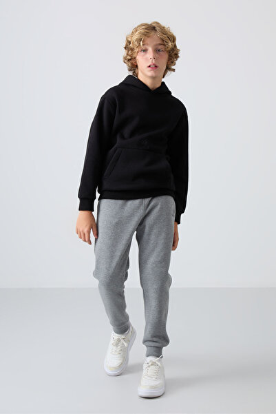 TOMMY LIFE Γκρι μελανζέ βαμβακερό χοντρό γούνινο εσωτερικό Standard Fit Κεντημένο αγόρι φούτερ - 11224