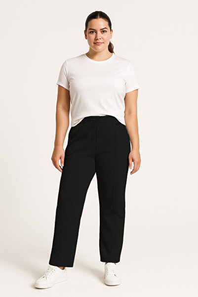 TOMMY LIFE Black Wide Leg Oversized Women's Sweatpants with Front Seam Detail - 94654