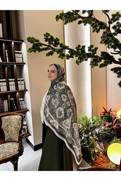 de LUNA Gül Baskılı Dökümlü Yazlık Şal – Haki Tonları