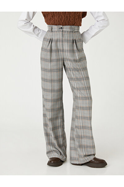 Koton Kalhoty Palazzo Široká noha károvaná kapsa Detailně plisovaná