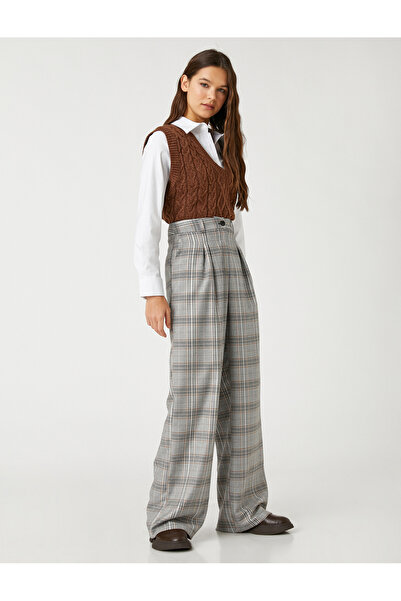 Koton Kalhoty Palazzo Široká noha károvaná kapsa Detailně plisovaná
